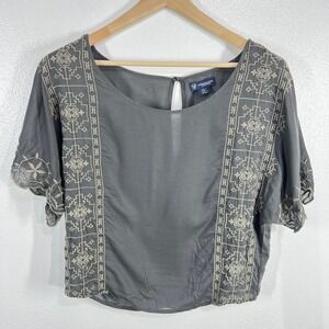 American Eagle Embroidered Peasant Top Bohemian Blouse‎ Short Sleeve Gray S